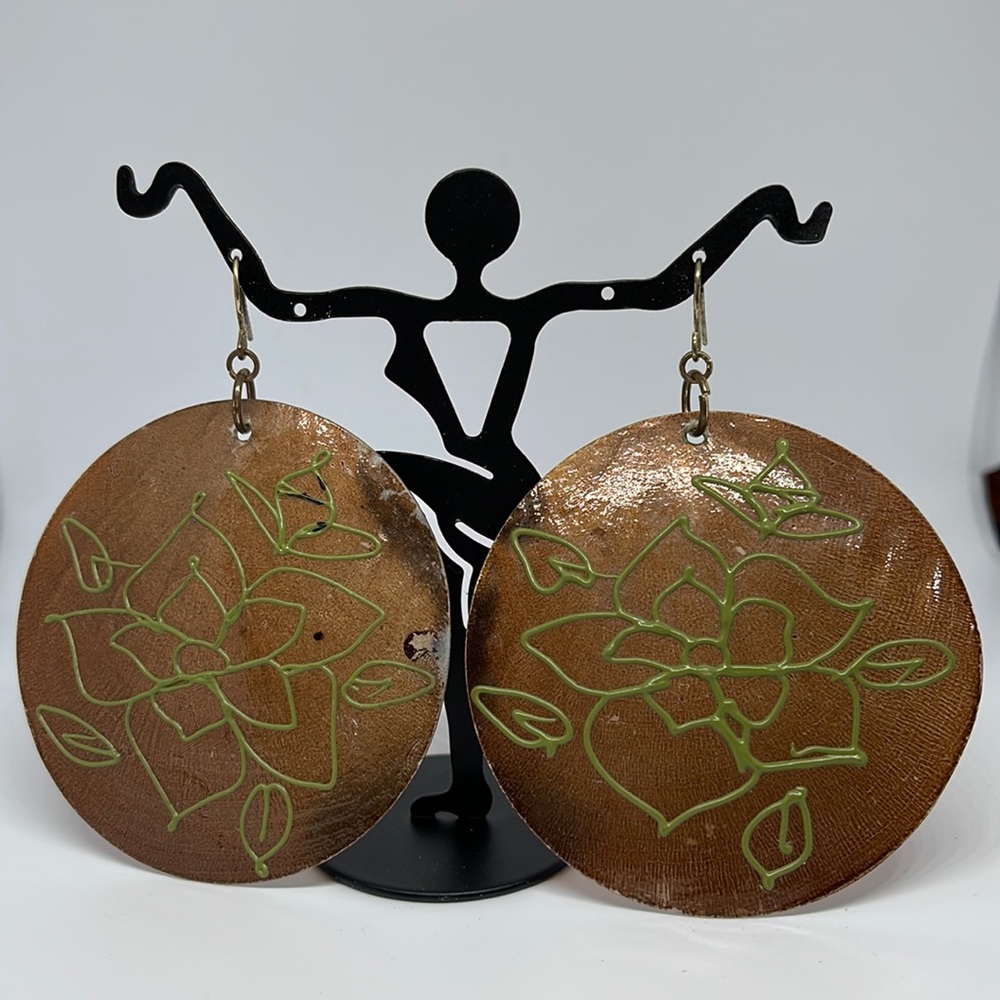 Brown Green Floral Print Disc Earrings 1.5”